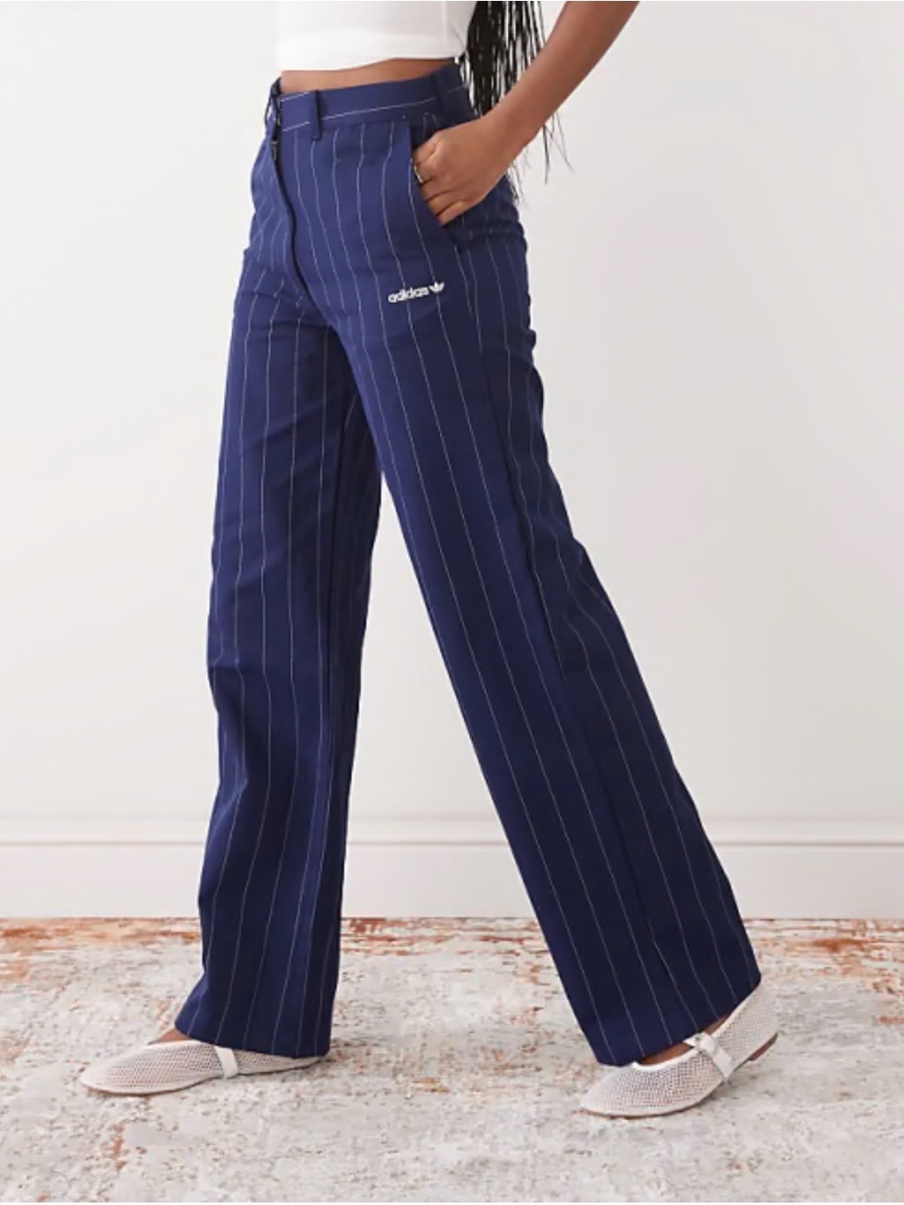 Adidas Navy Pinstripe Twill Loose Pants, Size 6 Women’s Streetwear - Picture 2 of 8